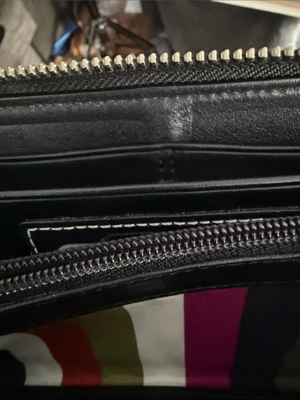 Coach Legacy Black Signature Zip Wallet with Metallic Stripe